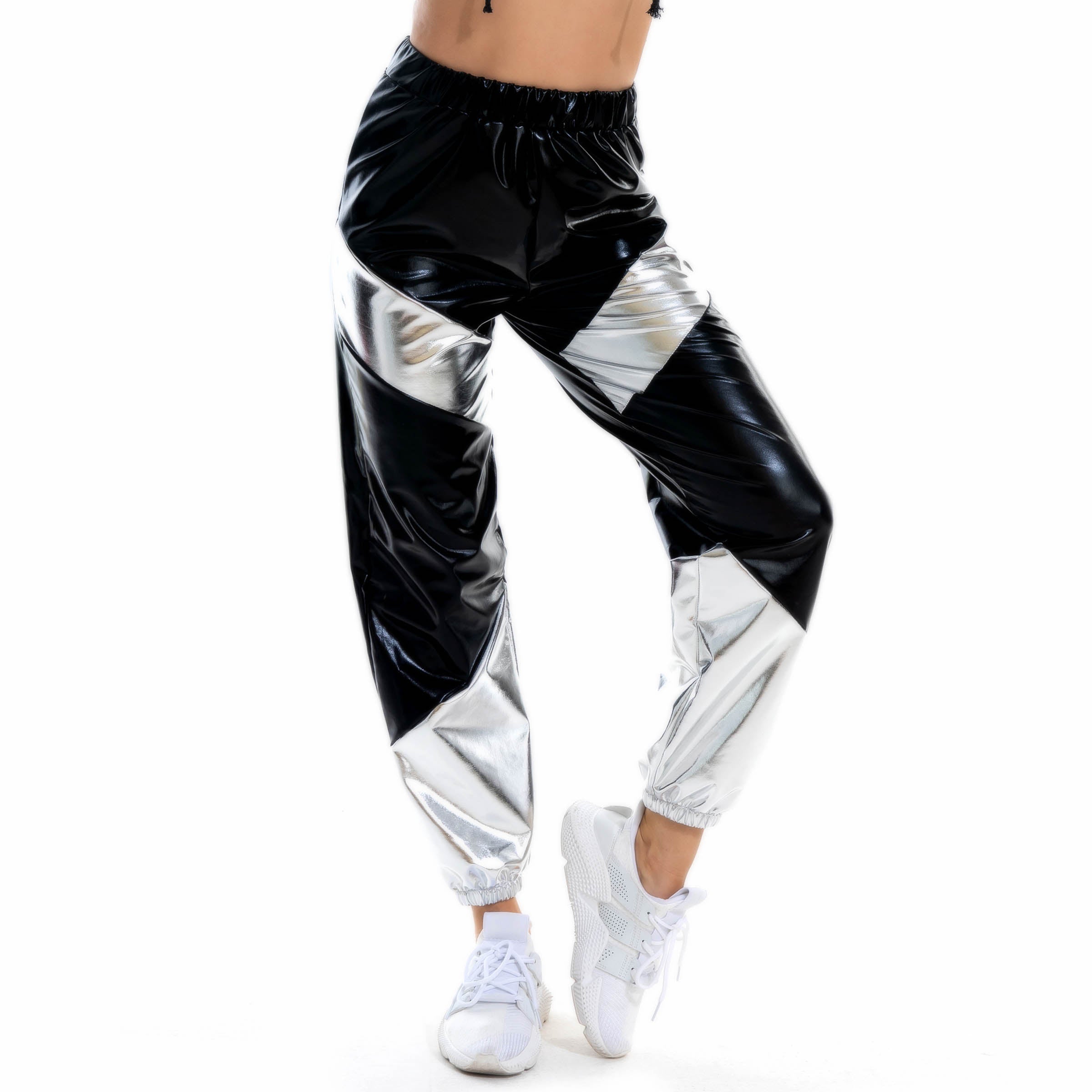 Kontrastfarben-Hose für Damen, Bronzing-Lackleder, bunte Laser-Tasche, lockere Damenhose