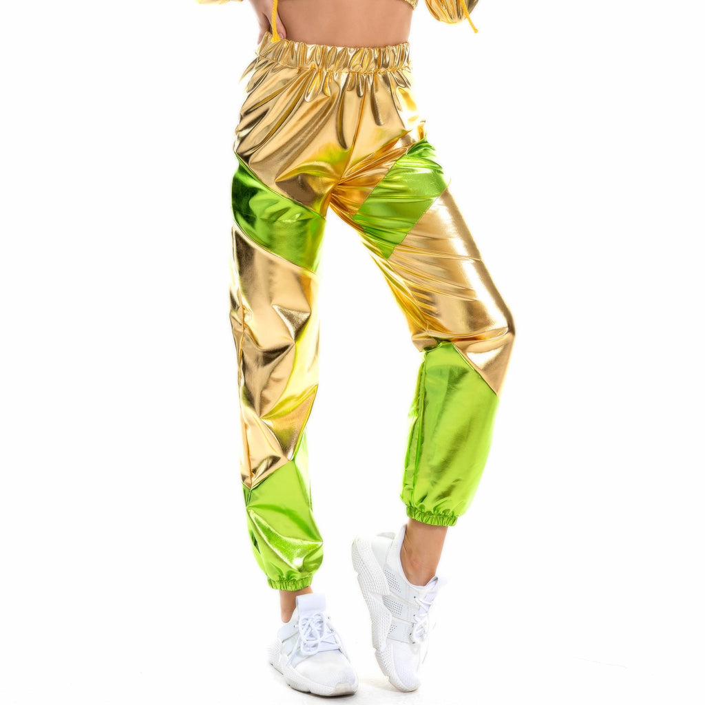 Kontrastfarben-Hose für Damen, Bronzing-Lackleder, bunte Laser-Tasche, lockere Damenhose