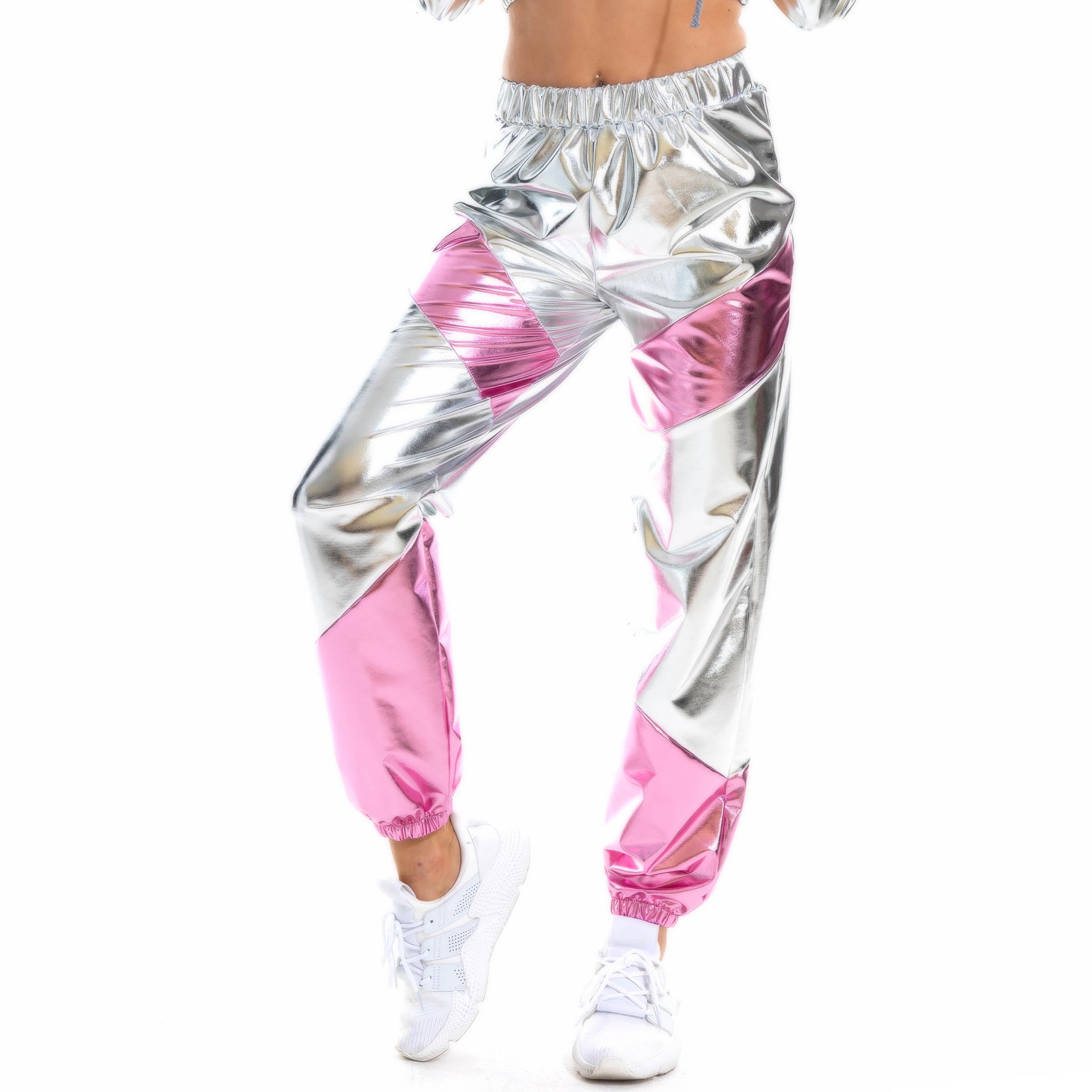 Kontrastfarben-Hose für Damen, Bronzing-Lackleder, bunte Laser-Tasche, lockere Damenhose