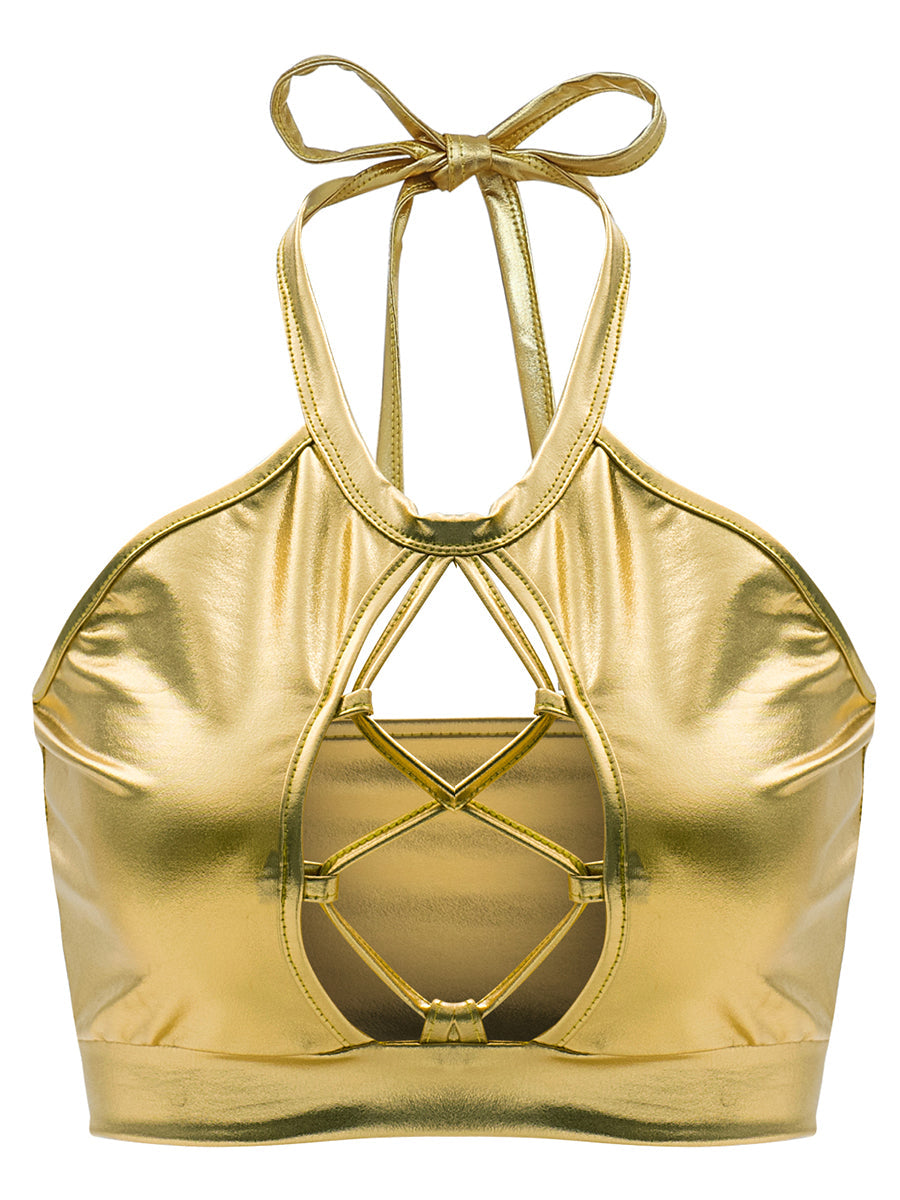 Sommer Sexy Slim Fit Neckholder Spaghettiträger Weste Träger Hohl Cut-Out Glänzendes Leder Damen Kleidung
