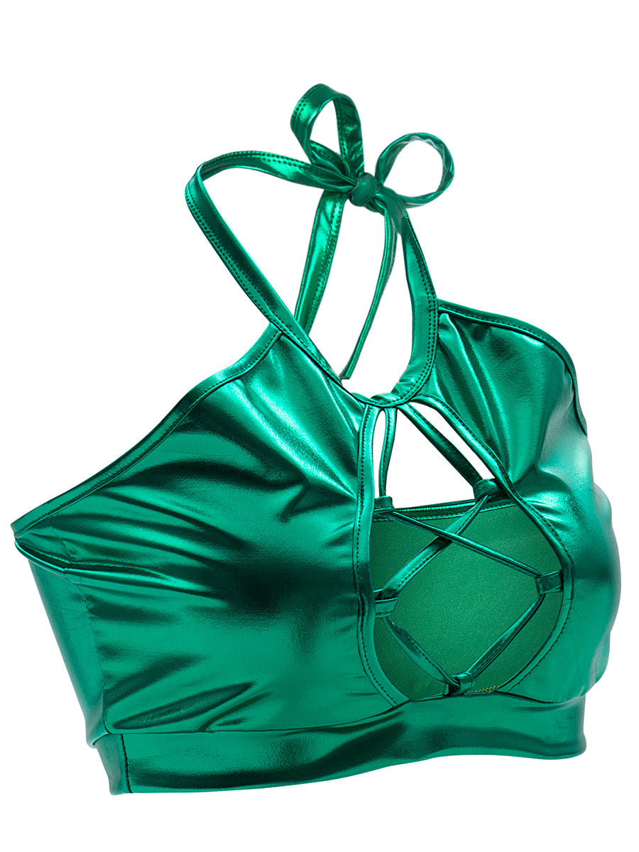 Sommer Sexy Slim Fit Neckholder Spaghettiträger Weste Träger Hohl Cut-Out Glänzendes Leder Damen Kleidung
