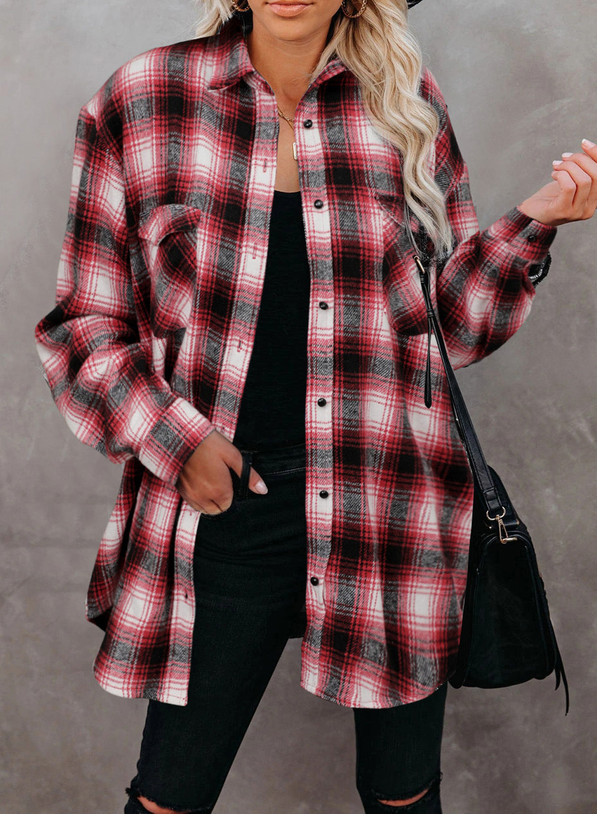 Vêtements Femme Chemise à Carreaux Automne Hiver Mi-Longue Ample Col Revers Cardigan