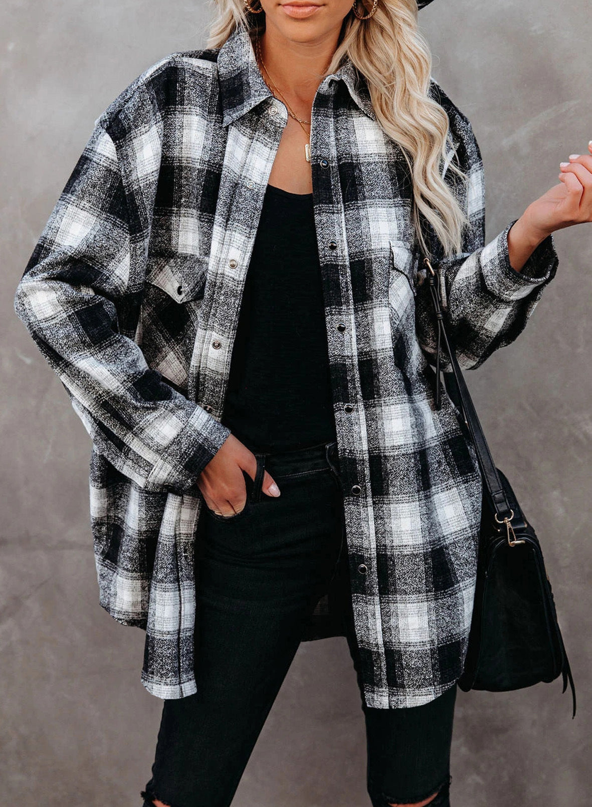 Vêtements Femme Chemise à Carreaux Automne Hiver Mi-Longue Ample Col Revers Cardigan