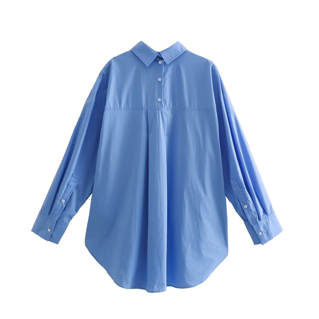 Chemise ample en popeline à manches longues et col, pour femme, en coton uni, modèle été