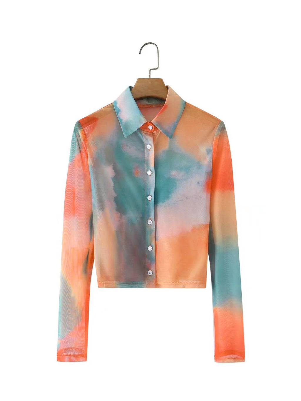Chemise longue à manches longues, ample, teintée par nœuds, pour femmes, élégante, gracieuse, à col, pour printemps-été
