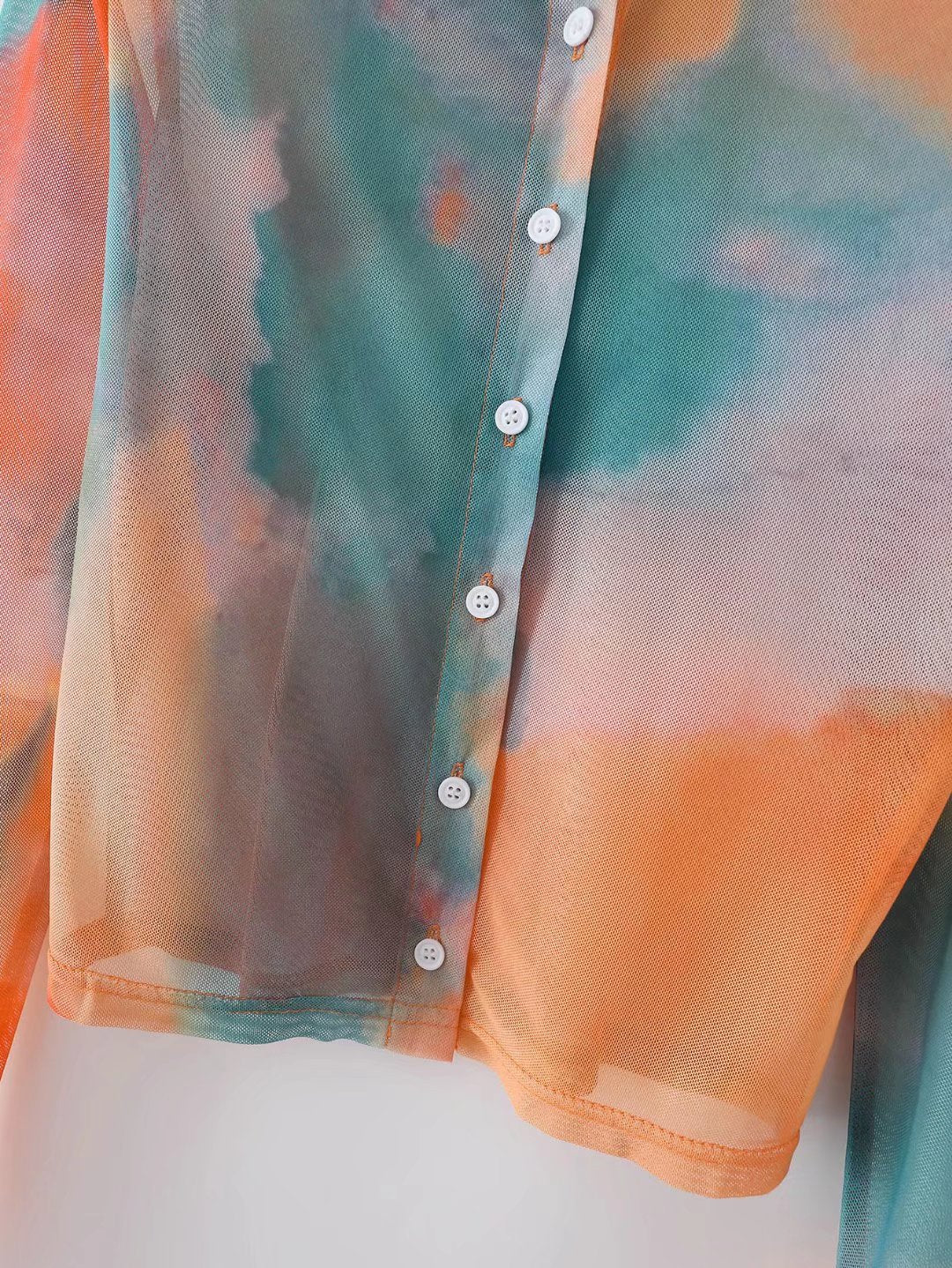 Chemise longue à manches longues, ample, teintée par nœuds, pour femmes, élégante, gracieuse, à col, pour printemps-été