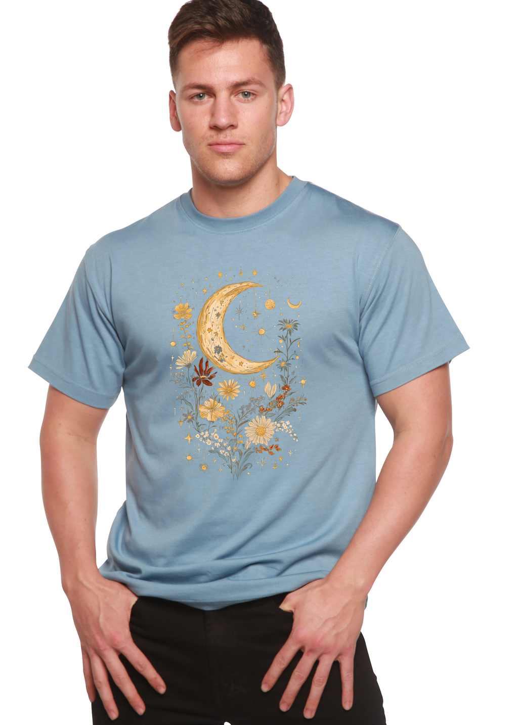 Celestial Moon Boho Flowers Vintage Unisex Bamboo/Cotton Graphic T-Shirt - The7Letter