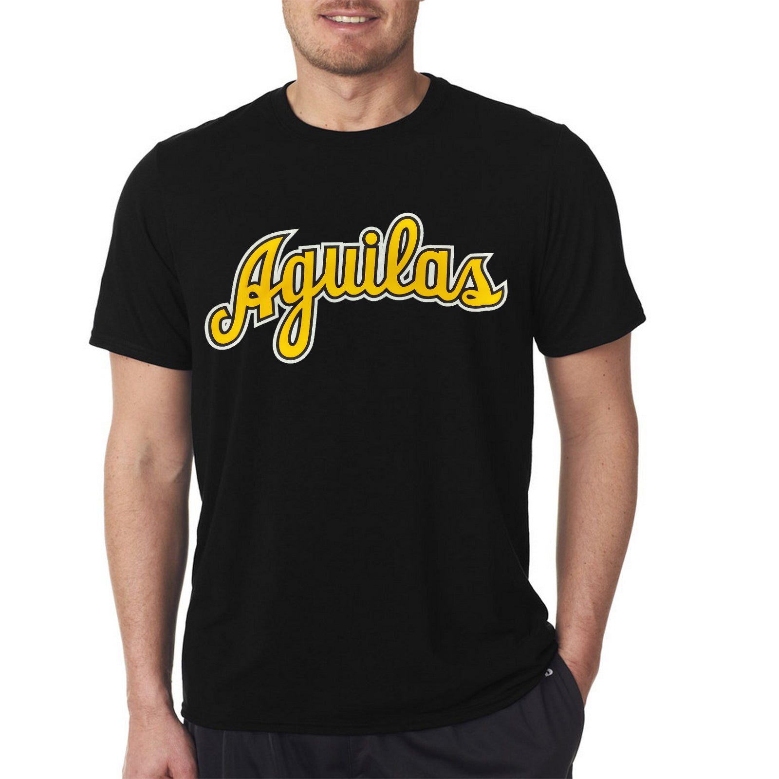 T-shirts noirs Aguilas avec lettrage cursif JAUNE-BLANC