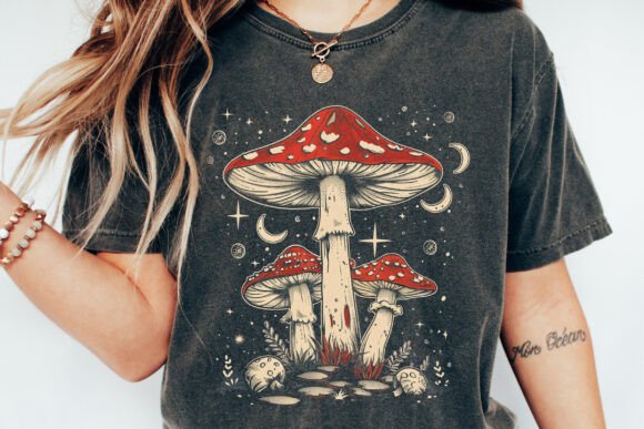 Boho Retro Hippie Mushrooms Natural Unisex Bamboo/Cotton Graphic T-Shirt - The7Letter