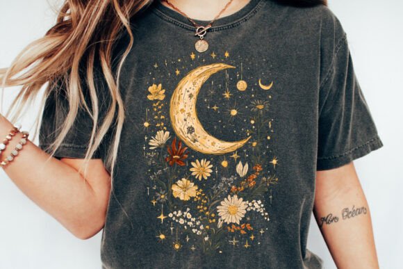 Celestial Moon Boho Flowers Vintage Unisex Bamboo/Cotton Graphic T-Shirt - The7Letter