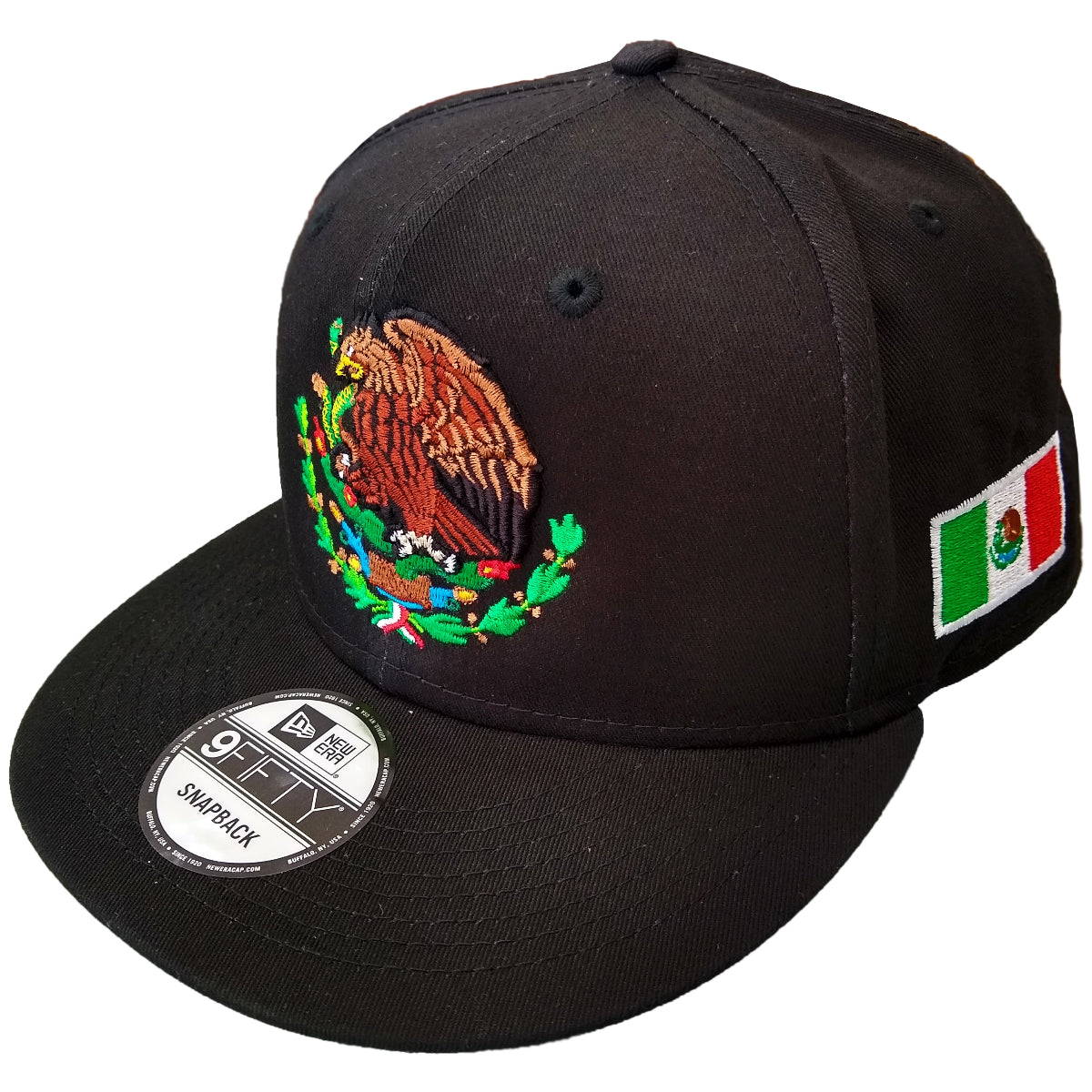 Casquette SnapBack noire brodée d'un bouclier et d'un drapeau du Mexique