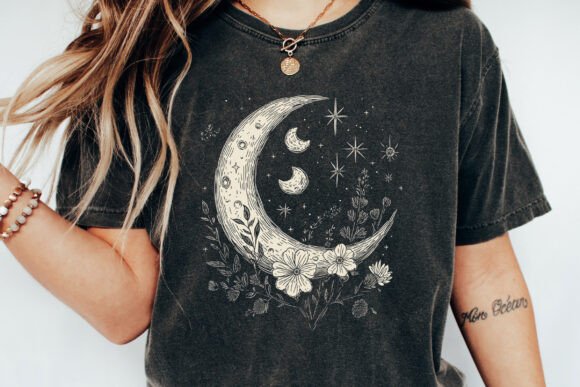 Moons and Stars Boho Flowers Vintage Unisex Bamboo/Cotton Graphic T-Shirt - The7Letter