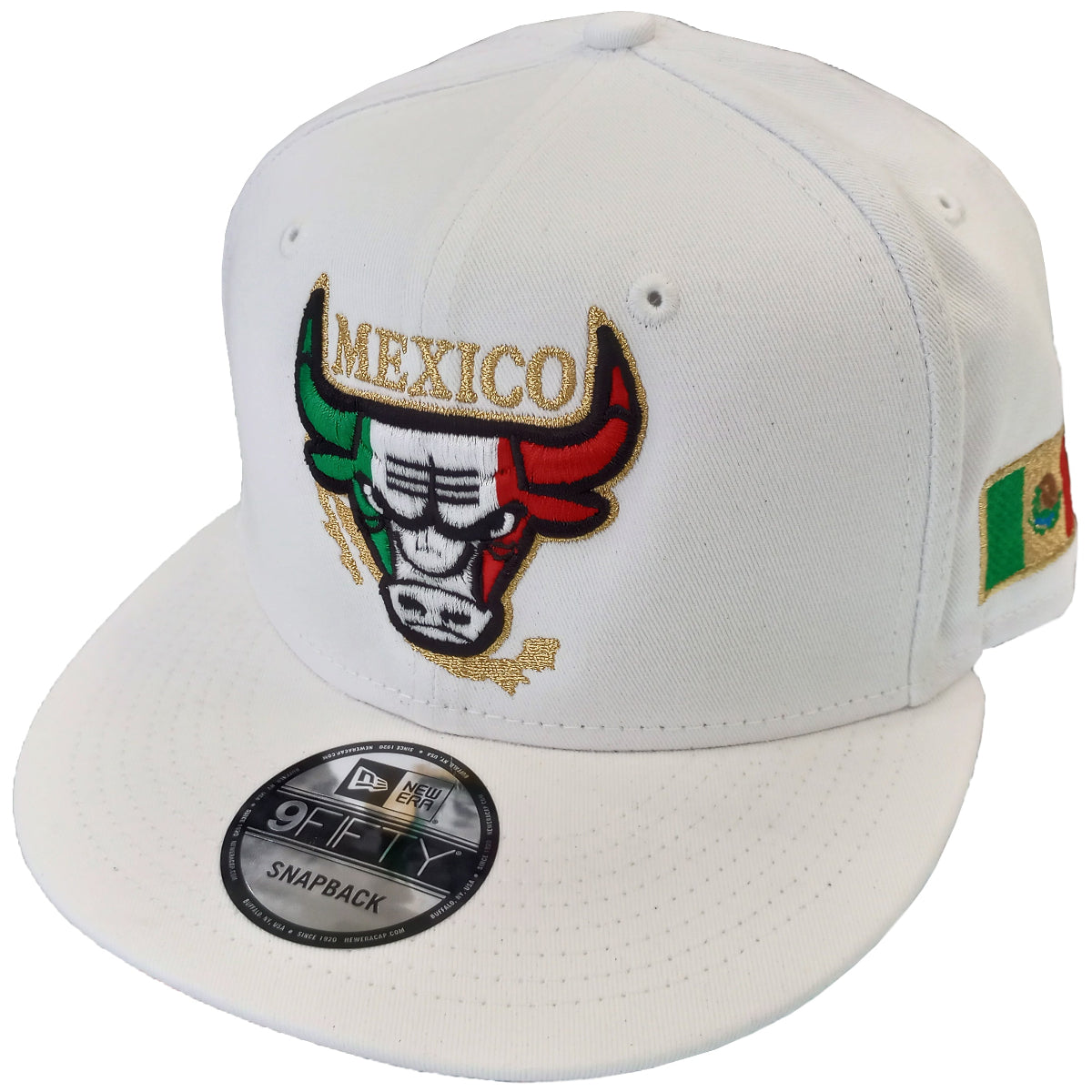 Casquette New Era brodée SnapBack avec logo taureau mexicain blanche