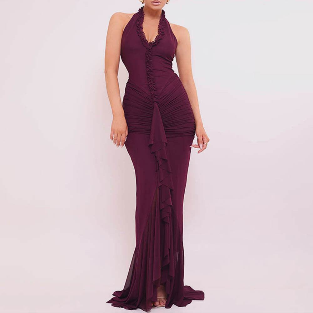 Nouvelle Robe Sexy Halter Plongée Profonde en V avec Volants et Fente Plissée pour l'Été