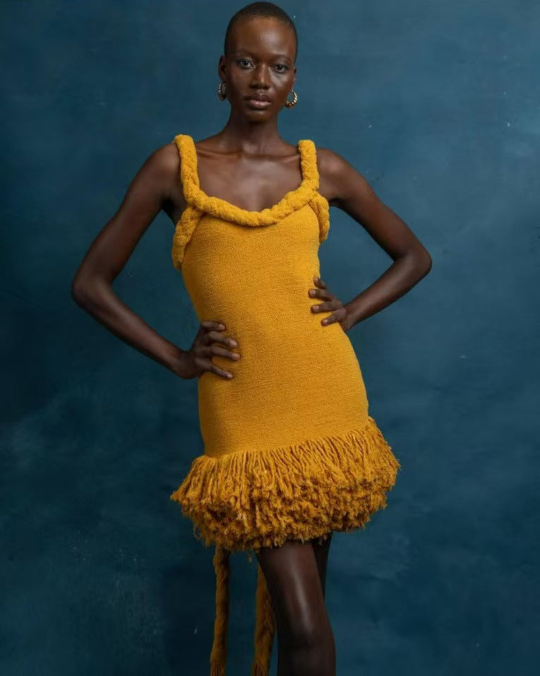 Robe courte balançoire à pompons avec bretelles en corde torsadée tissée à la main Automne Hiver