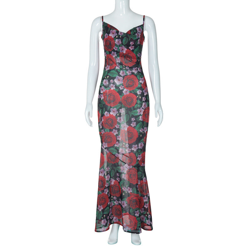 Frühlingshaftes, modisches, sexy V-Ausschnitt, elegantes, vielseitiges, schmal geschnittenes, langes bedrucktes Camisole-Kleid für Damen
