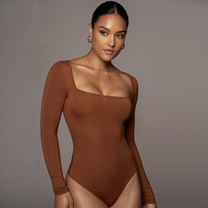 Body justaucorps sexy en T à manches longues et col carré pour femme, vêtement moulant d'automne
