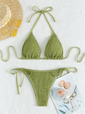 Einfarbiges, sexy, plissiertes Triangle Bikini-Set mit seitlicher Schnürung für den Strand