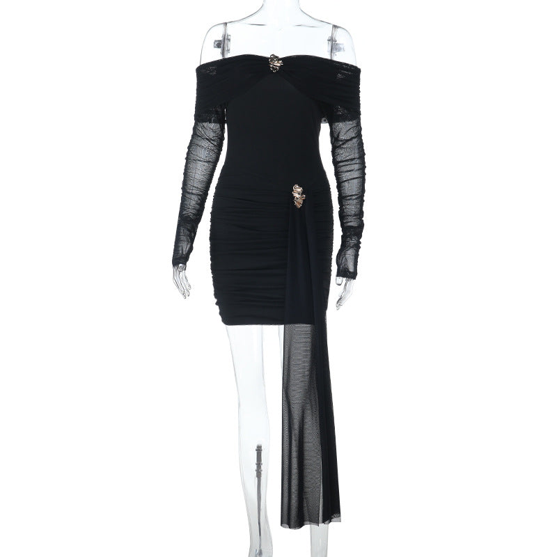 Robe Courte Sexy Épaules Dénudées Dos Nu Maille Manches Longues