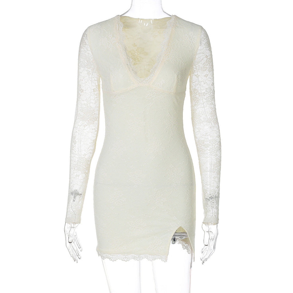 Damenbekleidung Herbst Winter Sexy Mesh-Patchwork Langarm Enges Kleid