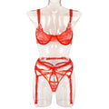 Ensemble trois pièces sexy printemps broderie maille coutures mignon dentelle bretelles taille sceau sous-vêtements