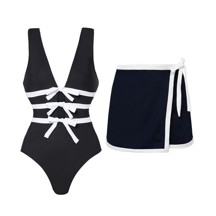 Schwarz Weiß V-Ausschnitt Schleife Cut-Out Badeanzug Damen Figurformend