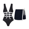 Schwarz Weiß V-Ausschnitt Schleife Cut-Out Badeanzug Damen Figurformend
