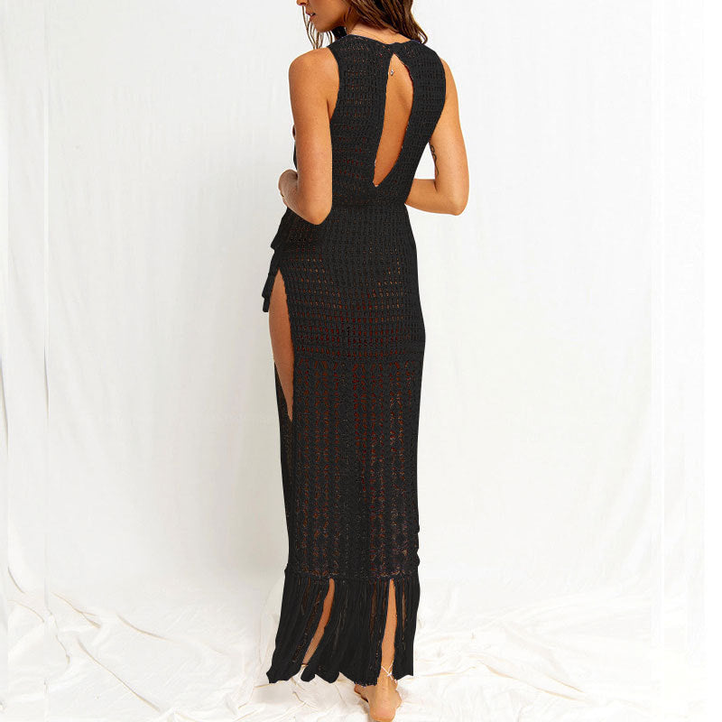 Robe de plage tricotée ajourée sexy fendue à pompons pour les vacances, maillot de bain