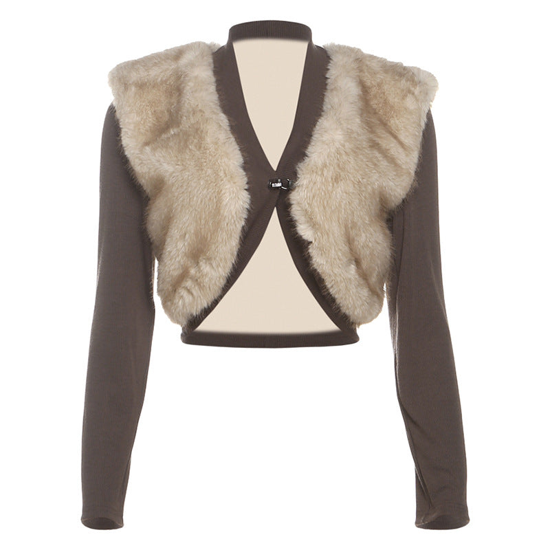 Vêtements Femme Automne Hiver, Cardigan Court Sexy Ultra Court, Couleur Contrastée, Coutures en Peluche, Petit Manteau pour Femme