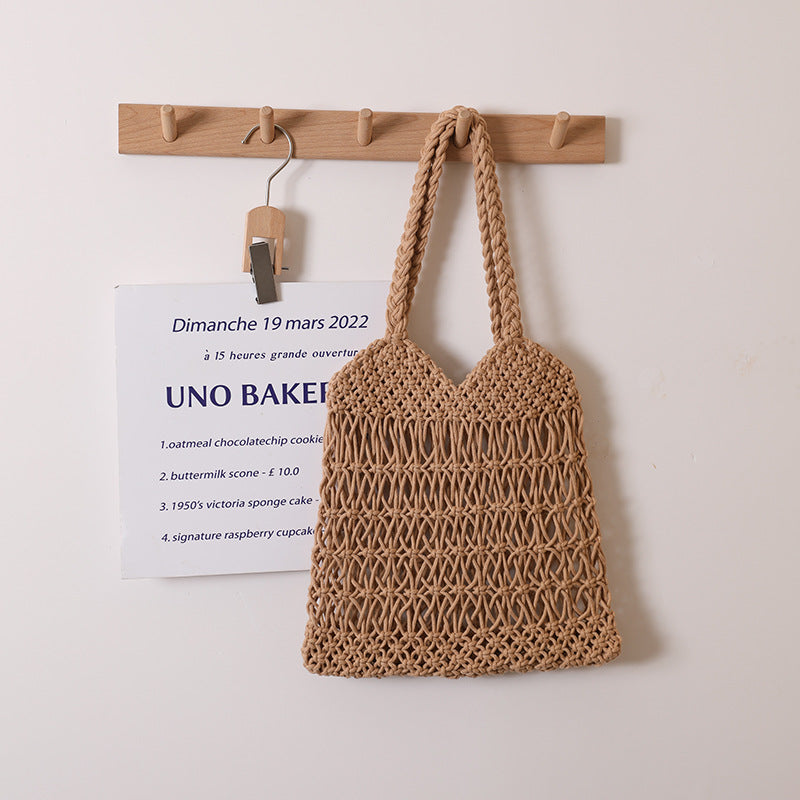 Sac à bandoulière évidé en fil de coton tissé, sac de paille floral, sac de plage de vacances, sac pour femme
