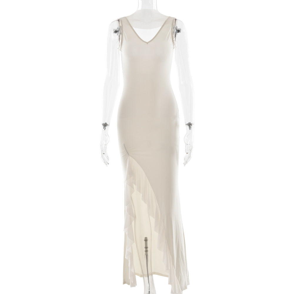 Sommer elegantes Band Damenkleid Sexy rückenfreies Kleid mit hohem Schlitz und Rüschen, figurbetontes Kleid
