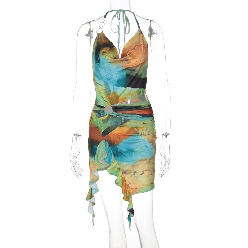 Damenbekleidung Sommer Bedrucktes Sexy Neckholder-Kleid mit Schnürung am Rücken