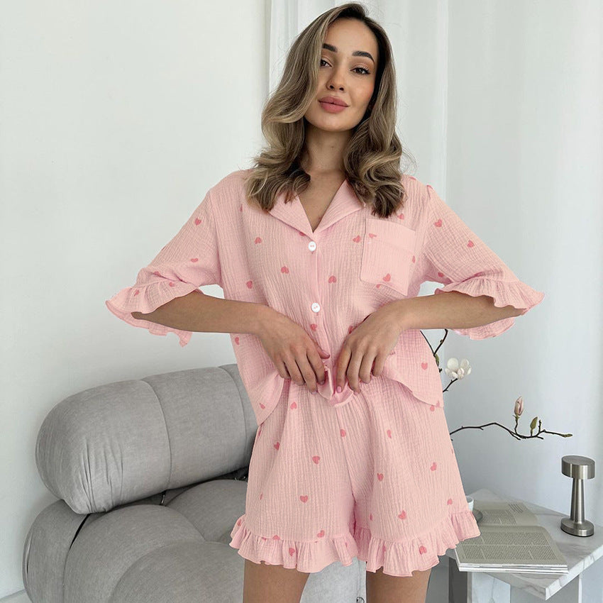 Pyjama d'été pour femme en coton crêpe avec imprimé cœur, manches courtes et short, ensemble deux pièces pour la maison