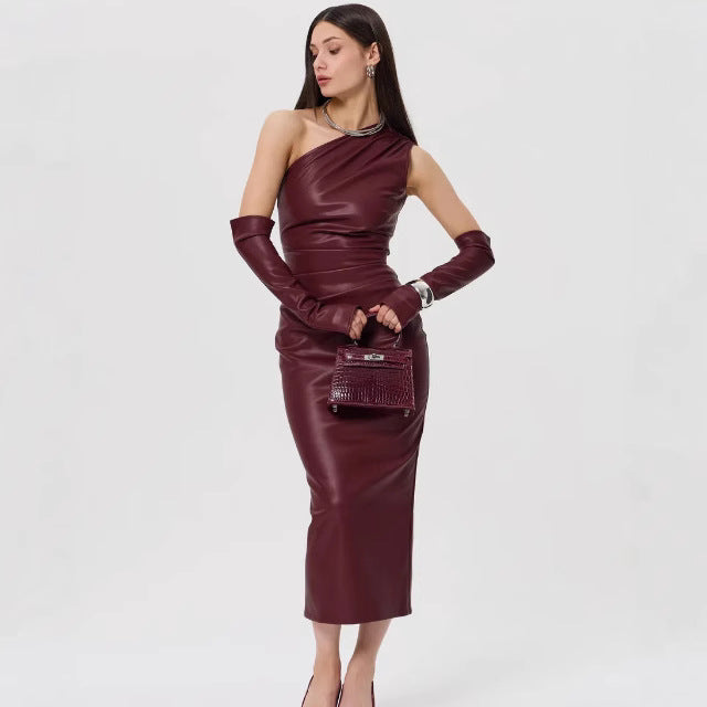 Crossbody Lederkleid Damen Kleidung Eng anliegendes Wickelkleid Plissiert Sexy Etui Schlitzkleid