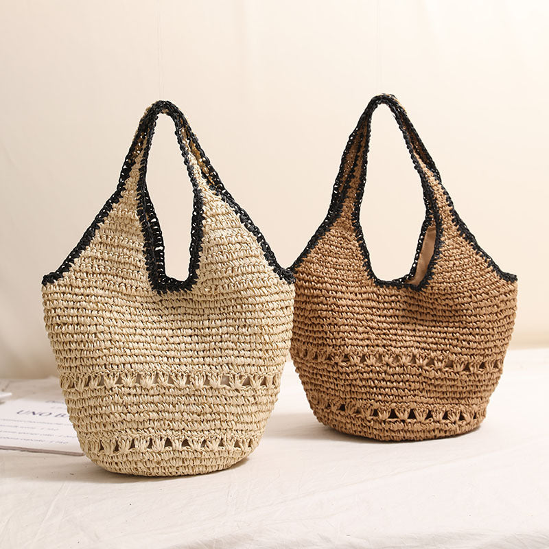 Große Strohtasche mit Schulterriemen, legere, ausgehöhlte, tragbare Strohtasche, gewebte Tasche, Damen-Strandtasche für den Urlaub
