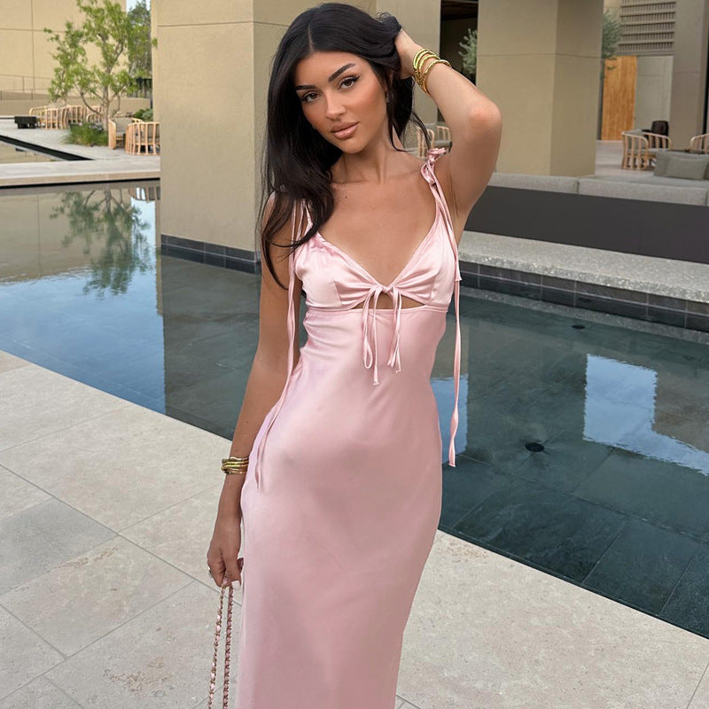 Robe d'été sexy en satin avec col en V et bretelles en dentelle, sans manches, à nouer soi-même pour femme