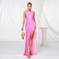 Damenkleid, One-Shoulder, diagonaler Kragen, schmale Passform, Etui, Pailletten, geschlitzt, Cocktail-Abendkleid