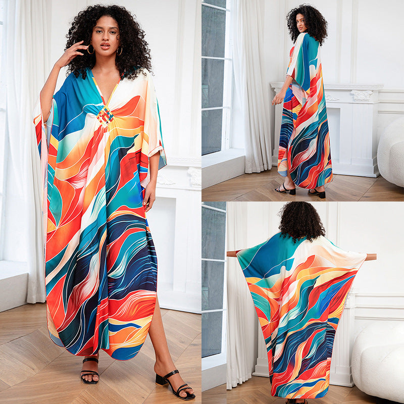 Robe de plage ample grande taille imprimée, cache-maillot de bain, vêtements pour femmes
