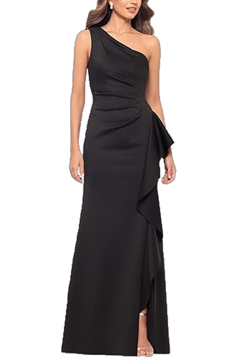 Robe de soirée asymétrique élégante, couleur unie, taille cintrée, fendue, coupe sirène et volants latéraux