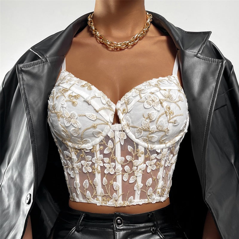 Broderie Florale Taille Sexy Maille Transparente Petit Gilet Femme Corset Désossé Corset Corset