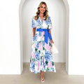 Robe Bohème Imprimée Printemps Été Manches Courtes Ceinture Robe Trapèze Femme