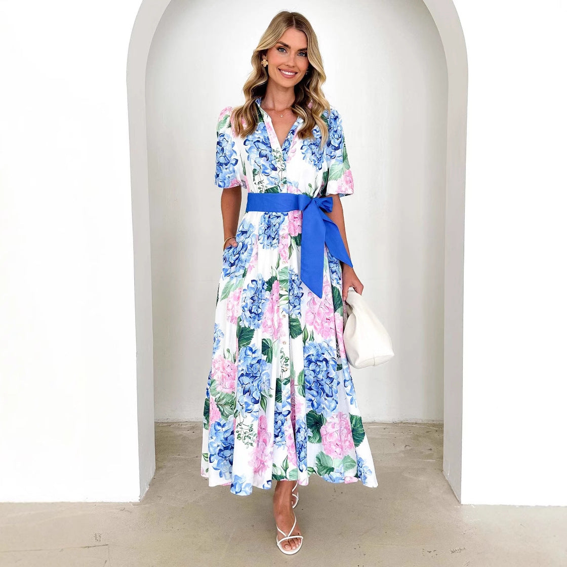 Robe Bohème Imprimée Printemps Été Manches Courtes Ceinture Robe Trapèze Femme