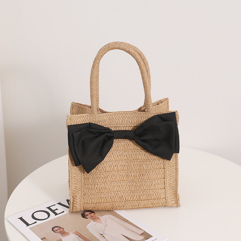 Sac de paille à nœud doux Sac de paille portable pour fille mignonne Sac tissé Sac de plage de vacances en bord de mer