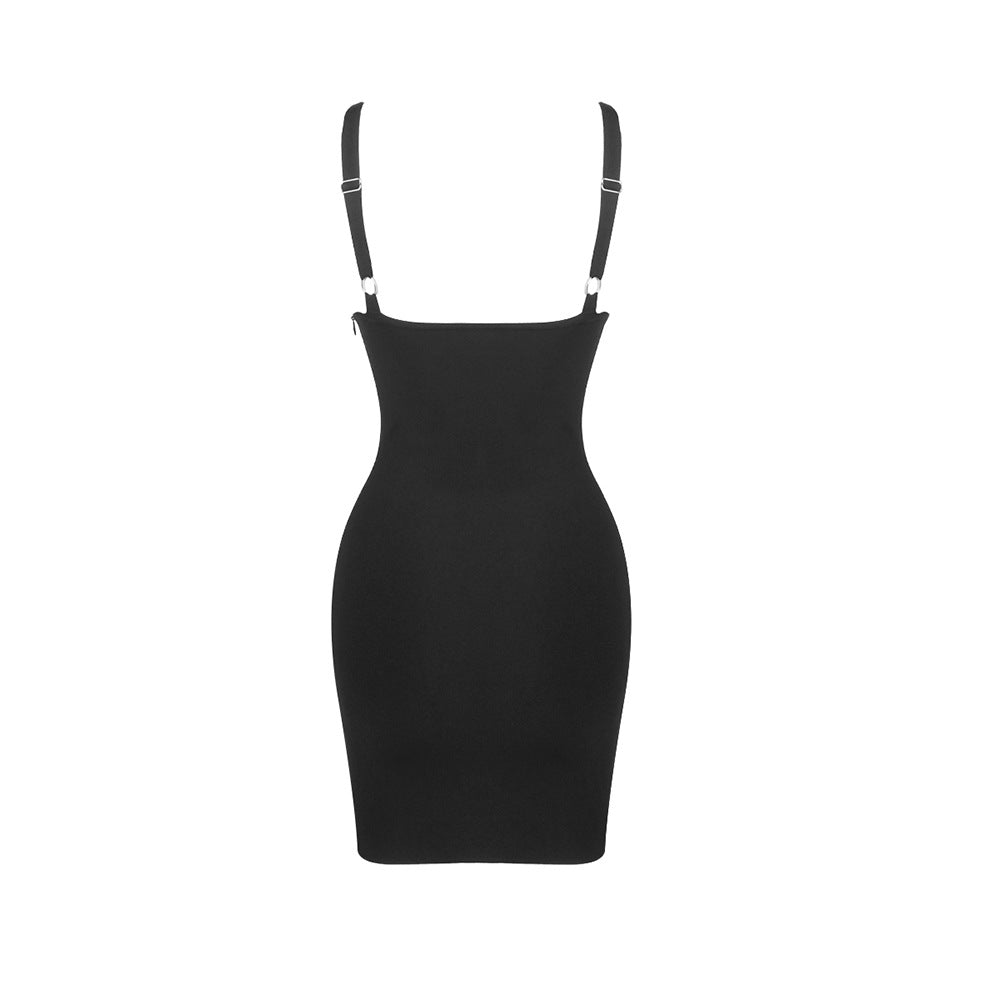 Sexy V-Ausschnitt Träger Reißverschluss Gabelung Saum Kleid Nachtclub Schwarz Französisches Kleid