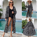 Schwarz eingefasster Viskose bedruckter Strandkaftan Sexy Cardigan Lockeres Bikini-Cover