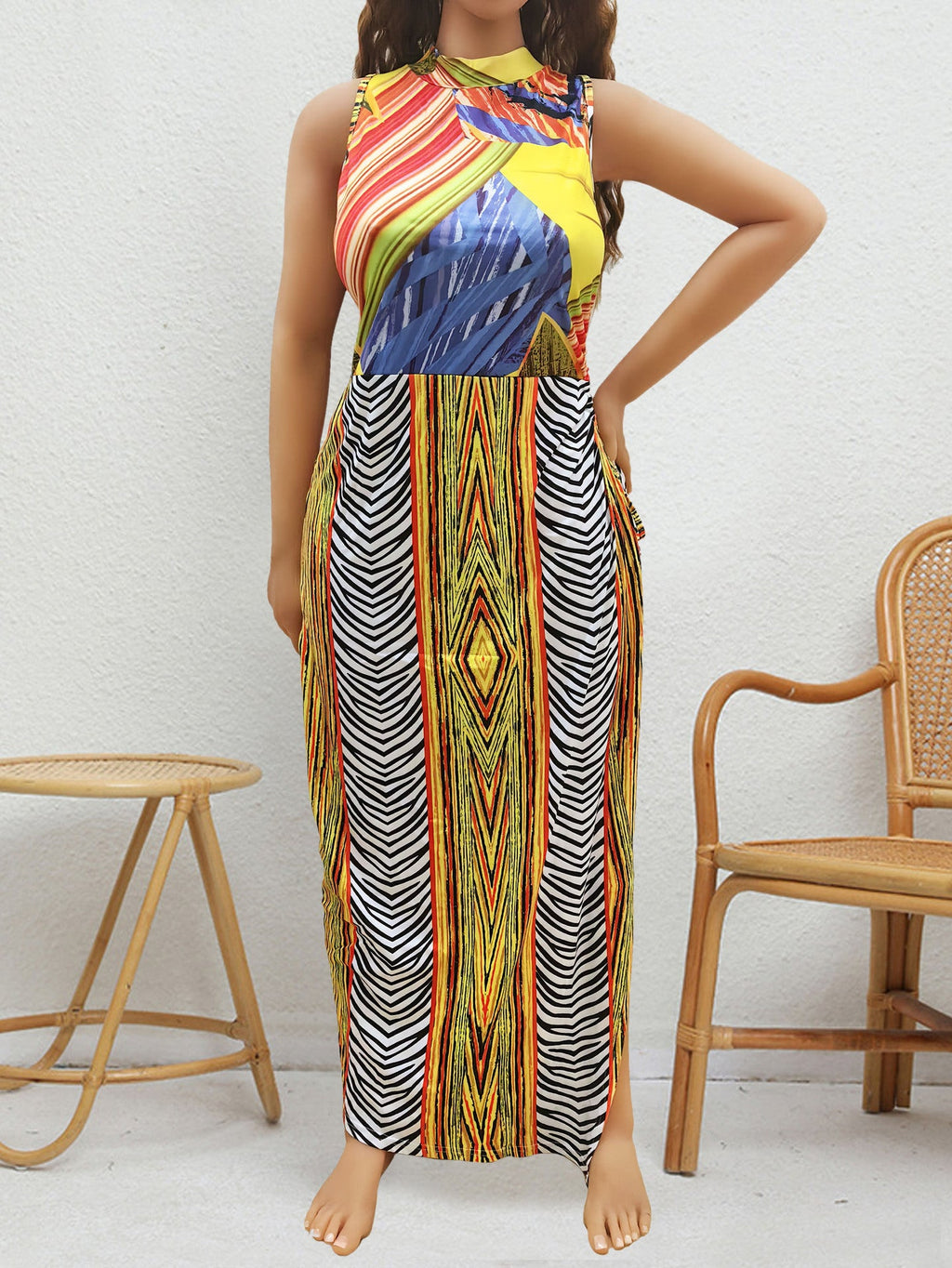 Femmes grandes tailles Vêtements Femme Robe d'été rétro imprimée multicolore aléatoire non positionnée avec fente à nouer