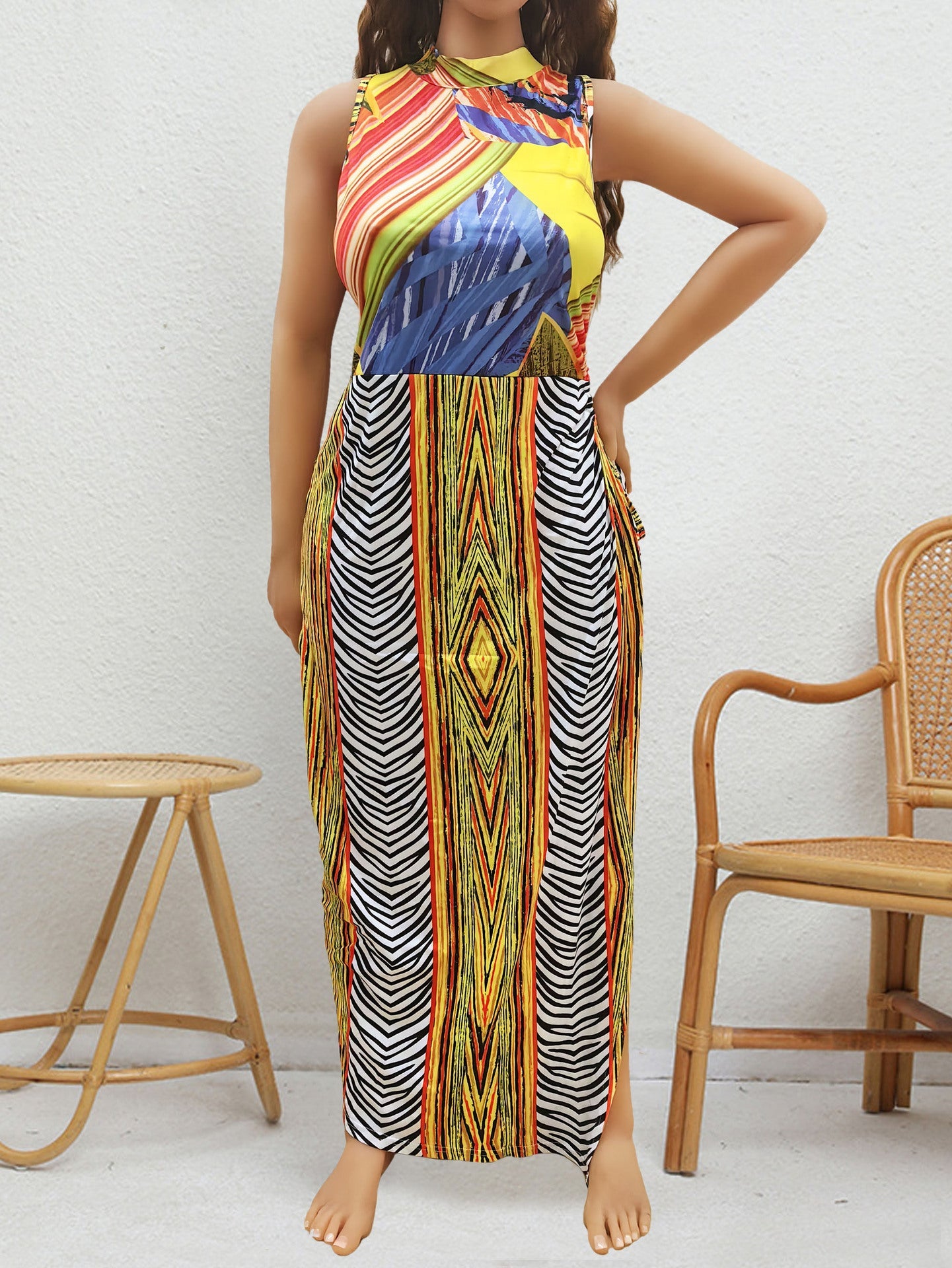 Femmes grandes tailles Vêtements Femme Robe d'été rétro imprimée multicolore aléatoire non positionnée avec fente à nouer