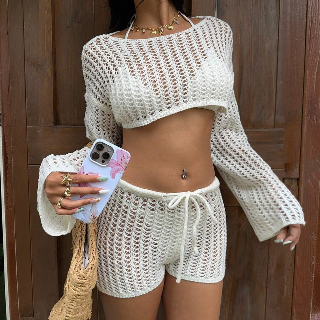 Ensemble de plage tricoté uni sexy avec découpes, maillot de bain et blouse de protection solaire