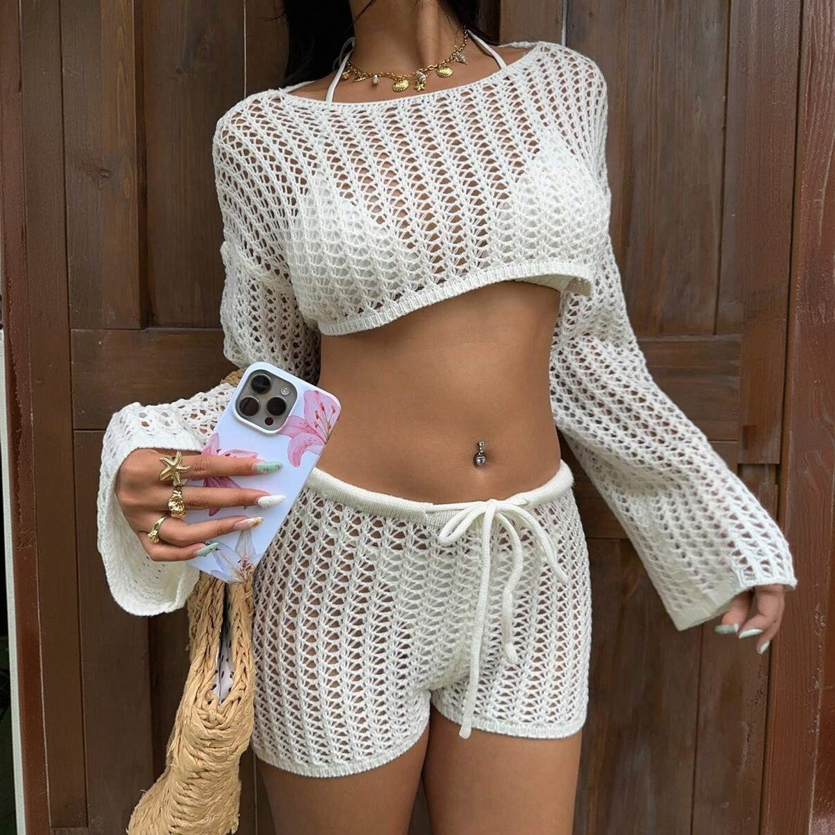 Ensemble de plage tricoté uni sexy avec découpes, maillot de bain et blouse de protection solaire