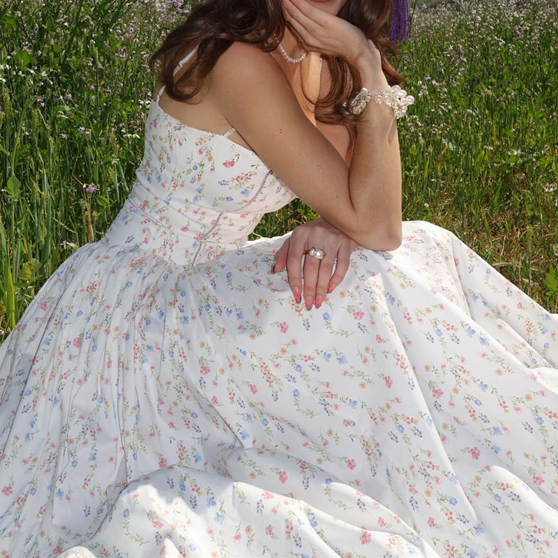 Robe longue d'été sexy à bretelles imprimé floral de style pastoral français pour femmes